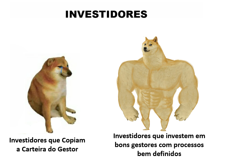 Meme do cachorro "forte" e do cachorro "fraco/normal". Cachorro normal: investidores que copiam a carteira do gestor e cachorro forte: investidores que investem em bons gestores com processos bem definidos.