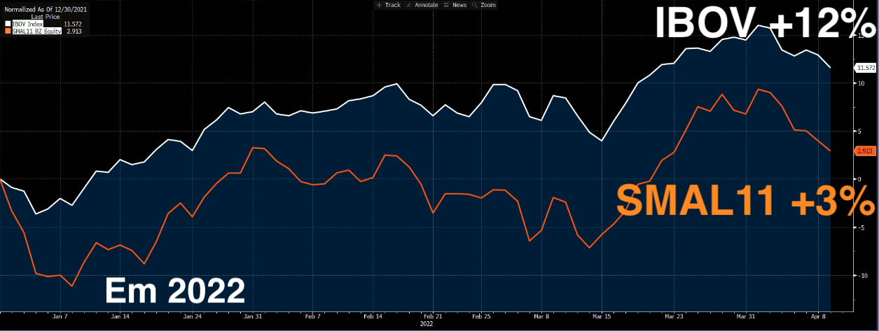 Gráfico apresenta Ibovespa e Índice de SmallCaps em 2022. 