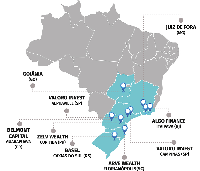 Mapa do Brasil com os escritórios da Nord Bankers