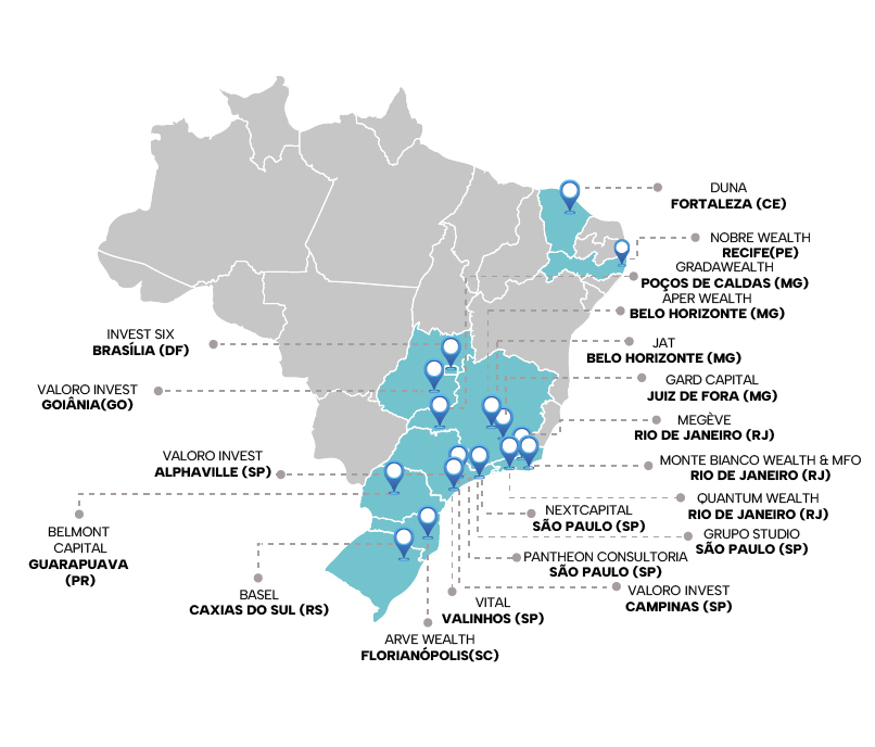 Mapa do Brasil com os escritórios da Nord Bankers